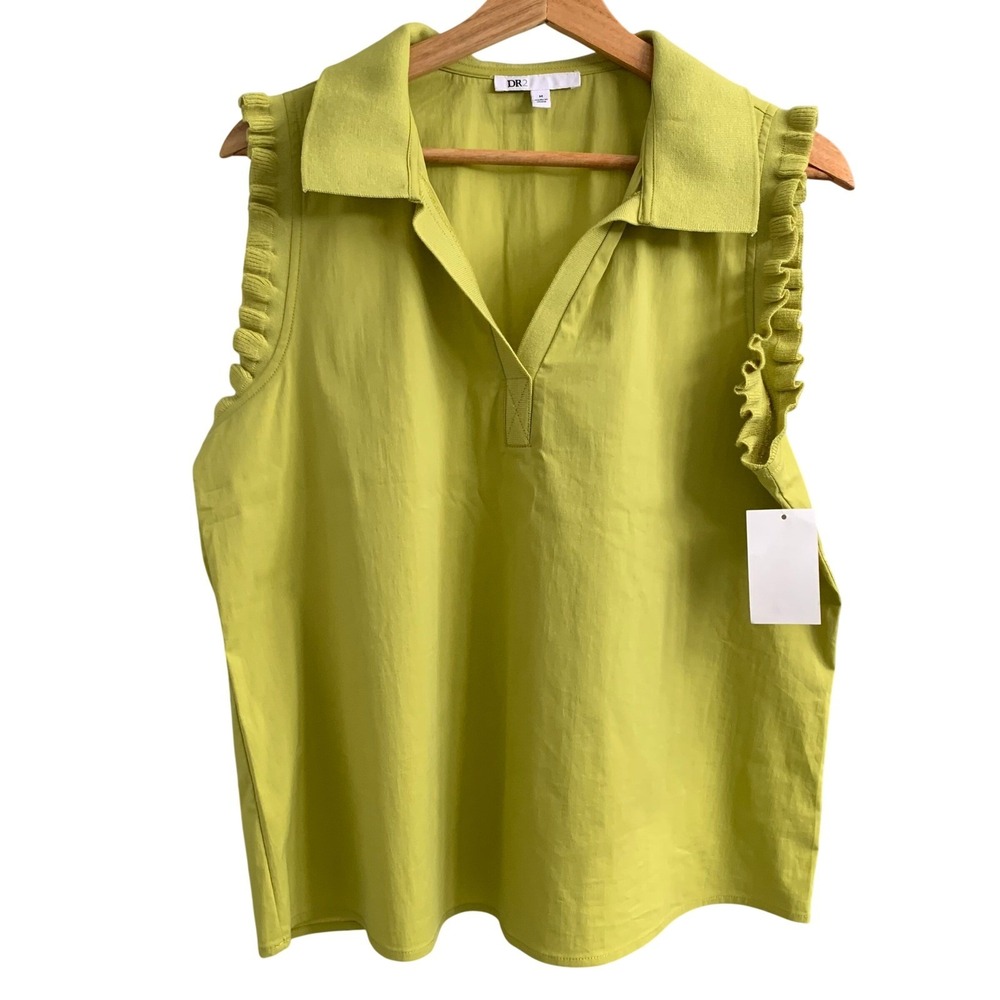 DR2 Daniel Rainn Womens Lime Green Ruffle Sleeve Polo Top Blouse DR25829CSP M